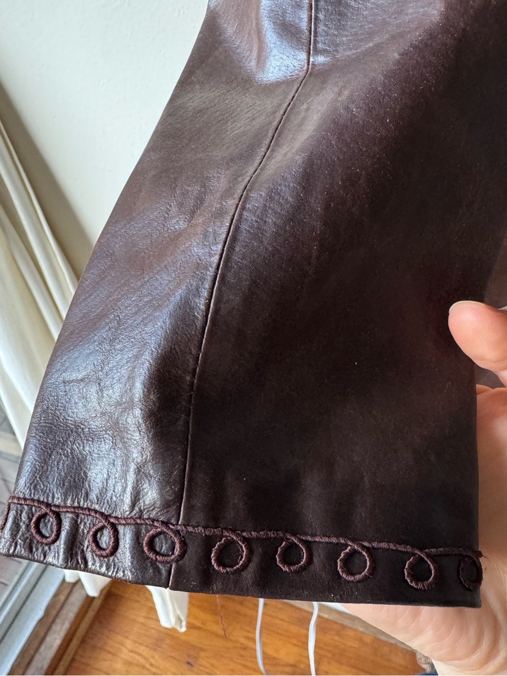 Vintage Leather Embroidered Long Brown Coat - Picture 6 of 10
